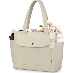Large Corduroy Beige Tote Bag Women Lightweight Shoulder Purse Zipper Pockets